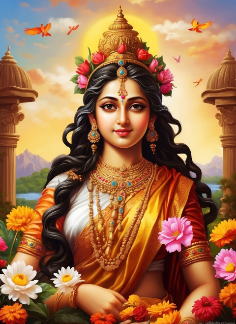 Saraswati Maa Sitting On Flowers Editing Background with Swan Pic