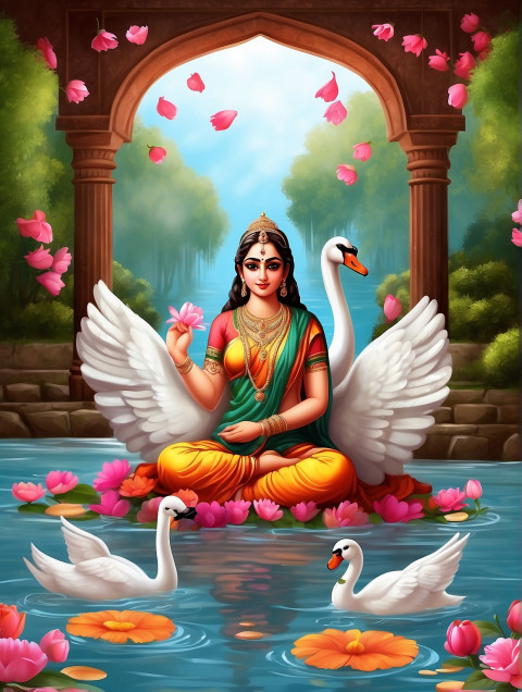 Saraswati Maa Sitting On Flowers Editing Background with Swan Pics