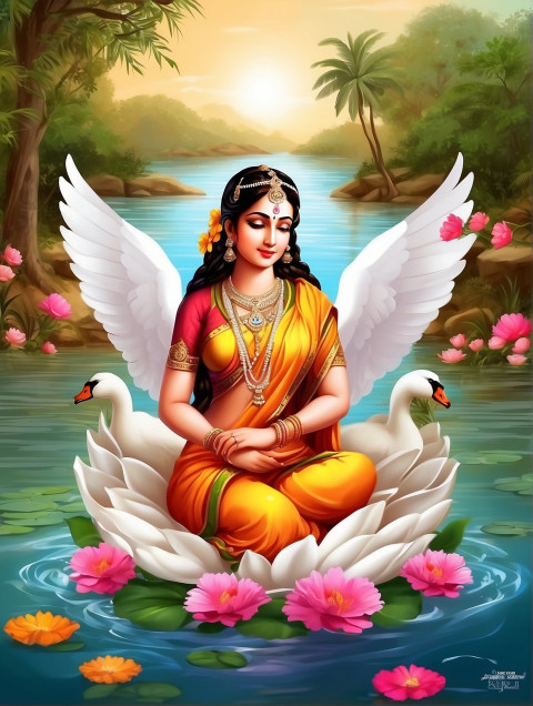 Saraswati Maa Sitting On Flowers Editing Background with Swan