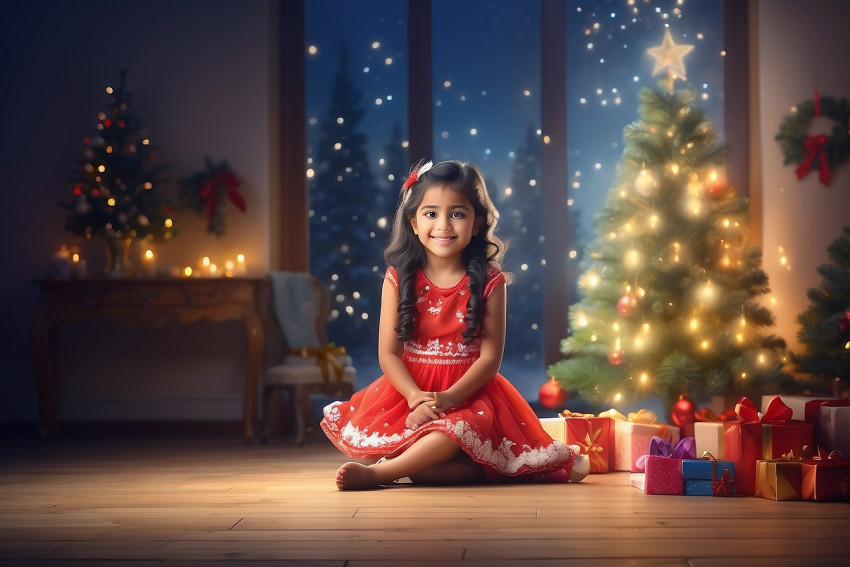 Sitting Girl Merry Christmas Tree Blur Background For Desktop Wallpaper