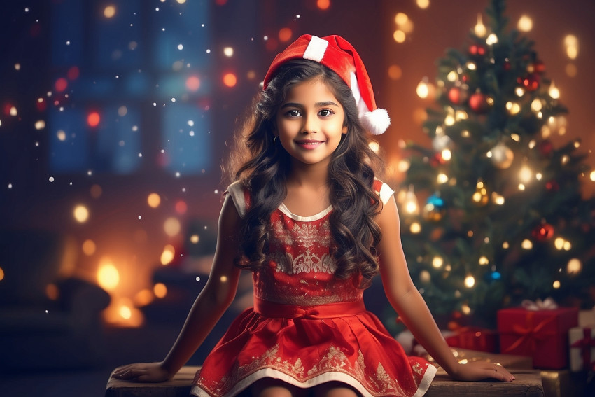 Sitting Girl Merry Christmas Tree Blur Background For Desktop Wallpaper