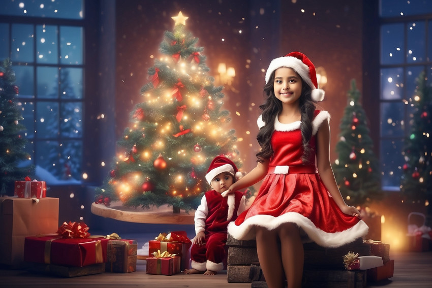 Sitting Girl Merry Christmas Tree Blur Background For Desktop Wallpapers