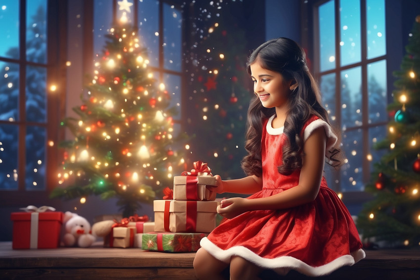 Sitting Girl Merry Christmas Tree Blur Backgrounds For Desktop Wallpaper