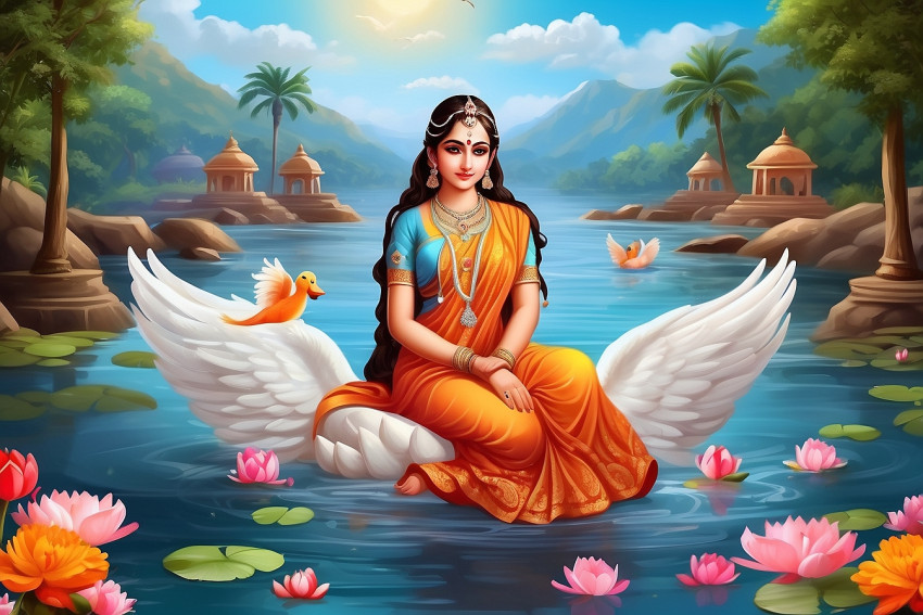 Sitting On Swans Saraswati Maa Background CB Editing For Photo  Pic