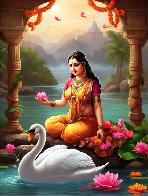 Sitting On Swans Saraswati Maa Background CB Editing For Photos