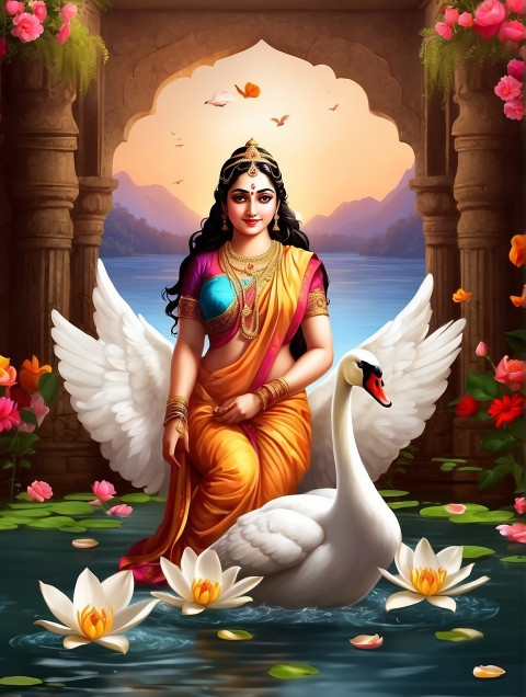 Vasant Panchmi God Sarswati Puja CB Background With Swans Images Pic