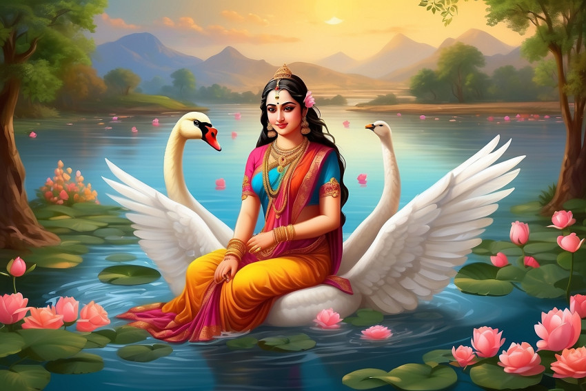 Vasant Panchmi God Sarswati Puja CB Background With Swans Images Pics