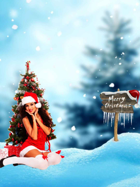 Winter Christmas Tree With Girl Background For CB Editing