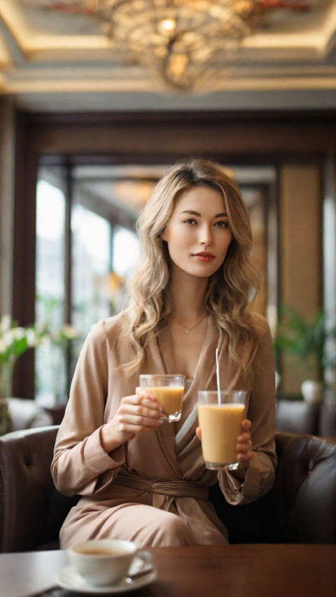 Woman drinks a cup of milk tea at luxury Life Wallpaper Free
