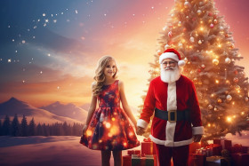 Christmas Blur Sunset Background Santa Claus With Girl Image