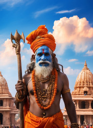 HD Ayodhya Ram Mandir Background Blue Sky With Sadhu Images